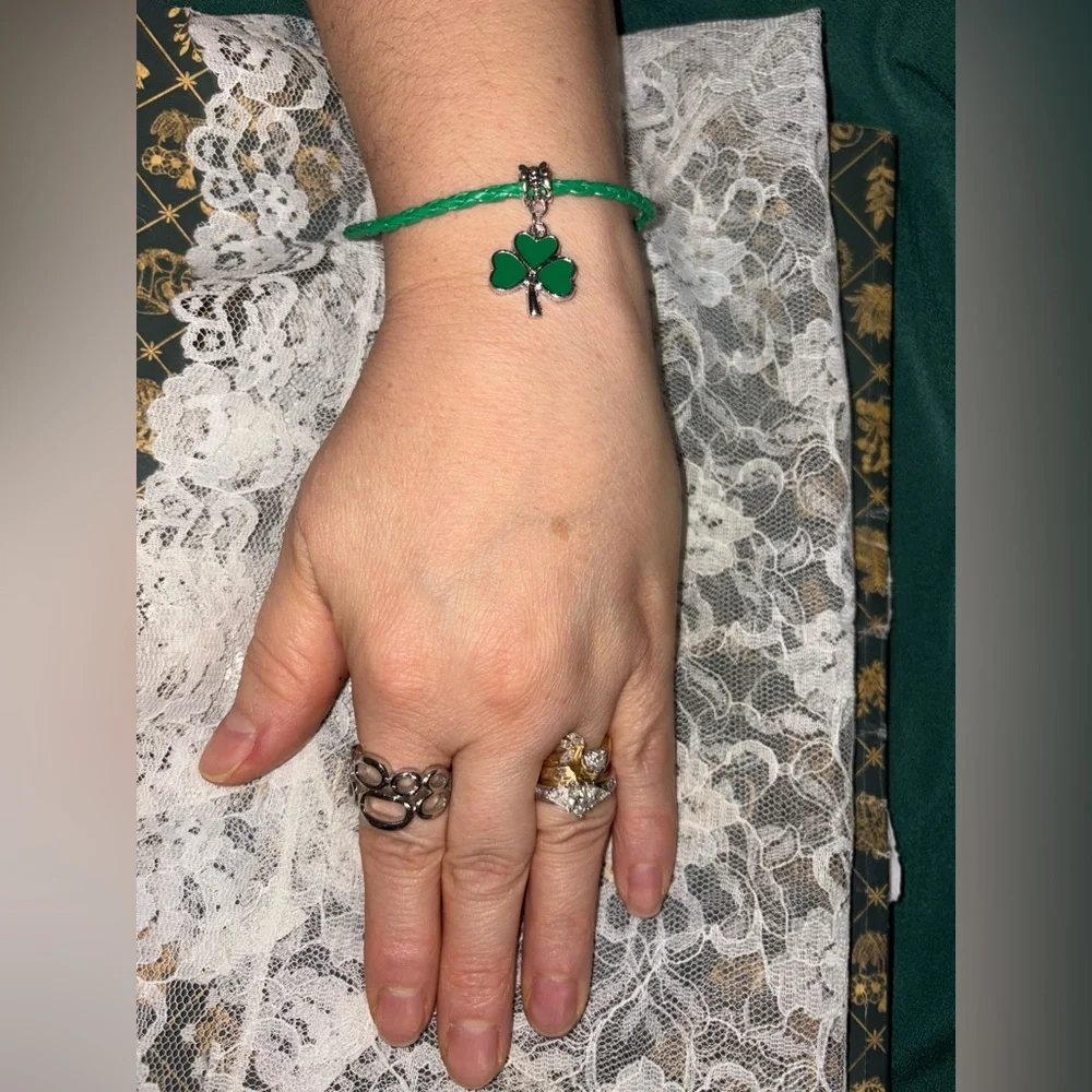 3 LEAF CLOVER | Silver Toned Lucky Irish Shamrock Charm on Rope Woven Bracelet